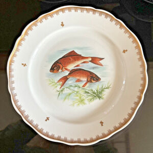 Hand Painted Fish Pattern Porcelain Dinner Plate Made In France Gold Gilt Rim